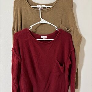 Pink Lily Notch Neck Knit Sweatshirt Sweater Size M, 2-Pack, Brown & Red